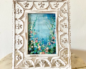 Original Acrylic Blue Floral Meadow Painting Framed, original painting paper with antique style frame One-of-a-Kind Frame size : 9.5x11.5