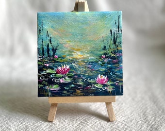 Mini canvas 4x4 Original Acrylic Painting Water Lilies, lily pad Mini Canvas with mini easel, Green Pink gold Blue Japanese garden