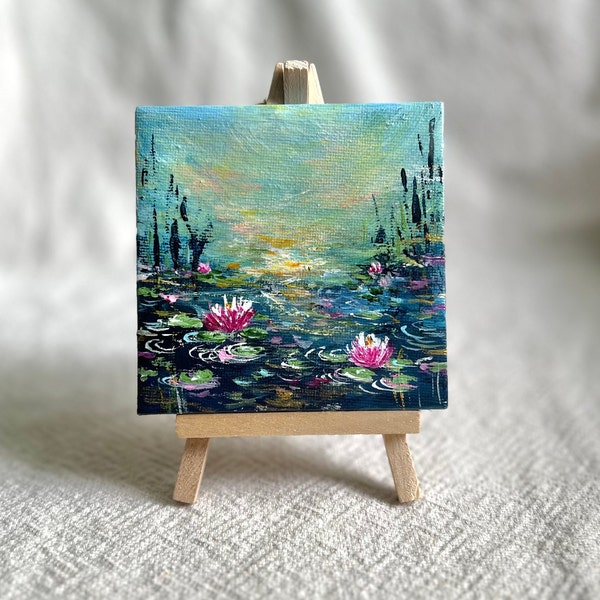 Mini canvas 4x4 Original Acrylic Painting Water Lilies, lily pad Mini Canvas with mini easel, Green Pink gold Blue Japanese garden