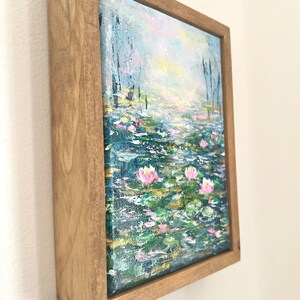 Original canvas painting, Water lily Water lilies, Abstract art, Lake Water lily, Water lilies, Green Blue Pink healing art 5x7 image 3