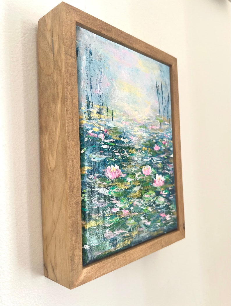 Original canvas painting, Water lily Water lilies, Abstract art, Lake Water lily, Water lilies, Green Blue Pink healing art 5x7 image 3