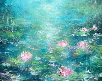 Abstract Water lily flower Original Acrylic Painting water lilies lily pad painting on Canvas blue Green Pink 12inch×12inch