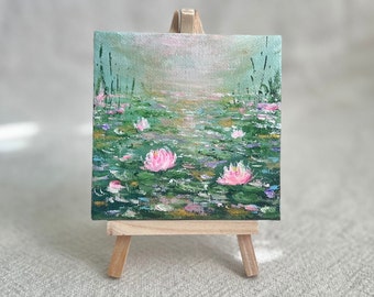 Mini canvas 4x4 Original Acrylic Painting Water Lilies, lily pad Mini Canvas with mini easel, Green Pink gold Blue Japanese garden