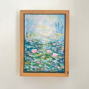 Original canvas painting, Water lily Water lilies, Abstract art, Lake Water lily, Water lilies, Green Blue Pink healing art 5”x7”