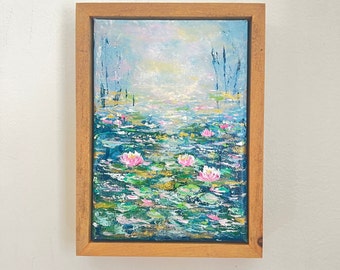 Original canvas painting, Water lily Water lilies, Abstract art, Lake Water lily, Water lilies, Green Blue Pink healing art 5”x7”