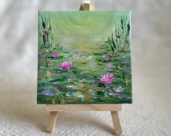 Mini canvas 4x4 Original Acrylic Painting Water Lilies, lily pad Mini Canvas with mini easel, Green Pink gold Blue Japanese garden