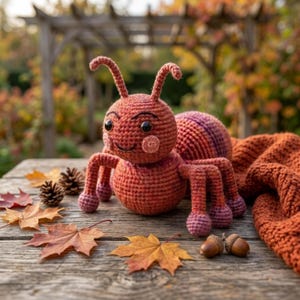 May include: A crocheted ant toy in shades of rust and terracotta, featuring a round head with black button eyes, two antennae, and six legs with darker pinkish-purple tips. The body is crafted with a textured yarn stitch pattern.