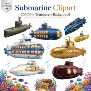 May include: A collection of digital submarine clipart featuring various designs including a grey military vessel, a blue tourist submarine labeled Aquila, a white tour boat, a gold vessel, a yellow craft, and a maroon submarine, with coral and a treasure chest.