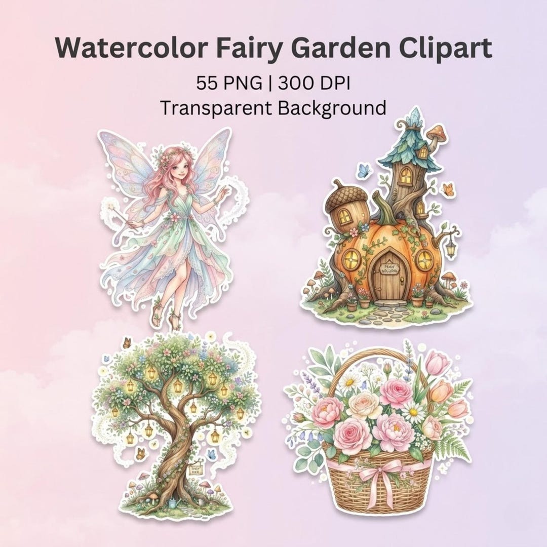 Watercolor Fairy Garden Clipart Bundle | Cute Fairy PNG | Fairy Wings ...