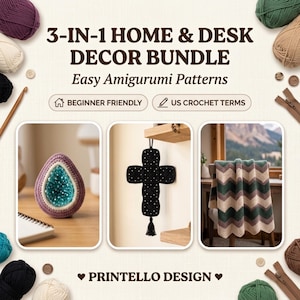 Home And Desk Decor Crochet Bundle  | Geode Crystal | Alpine Blanket & Black Cross Bookmark Crochet Gift PDF Patterns Set