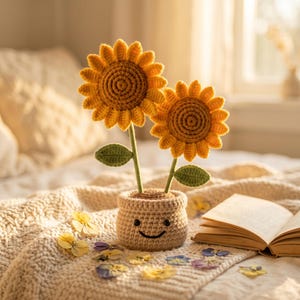 May include: Two crocheted sunflowers with bright yellow petals and brown centres, each on a green stem with a single leaf. They are planted in a beige, round, crocheted pot featuring a simple embroidered black face with two eyes and a smile.