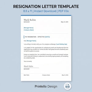 Sample Resignation Letter Template | Professional Resign Letter Format | Employee Resignation Letter | Instant PDF Download