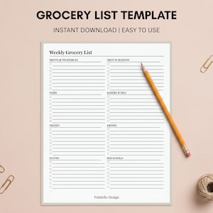 Peut inclure: Un modèle de liste de courses hebdomadaire blanc avec du texte et des lignes noirs, incluant des catégories comme Fruits & Vegetables, Meat & Seafood, Dairy, Bakery & Deli, Frozen, Drinks, Pantry et Household. Un crayon jaune est posé à droite.