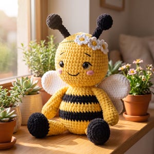 May include: A crocheted bee plush toy with a yellow and black striped body, white wings, and black antennae. The bee features a smiling face with pink cheeks and a crown of white daisy flowers with yellow centers on its head.