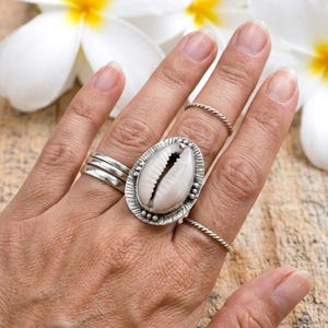 925 Sterling Silber Kauri Muschel Ring - Boho Beach Statement oxidierter Schmuck