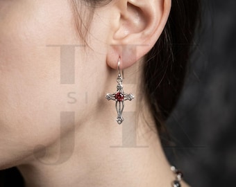 Gothic Cross Garnet Dangle Earrings, 925 Sterling Silver Victorian Jewelry