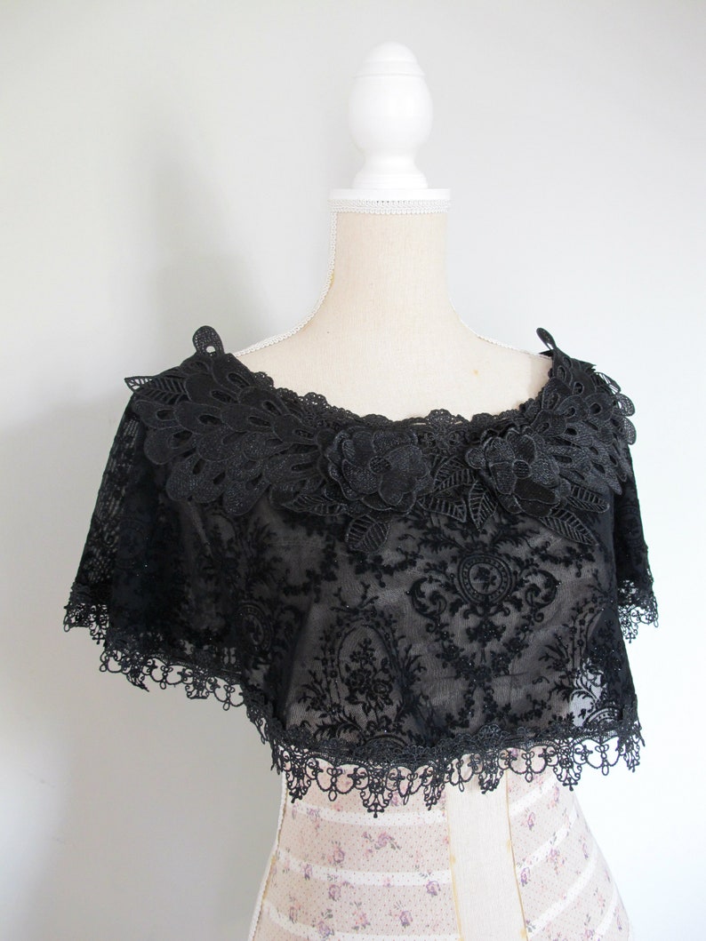 Black tulle capelet velvet print peacock lace feathers