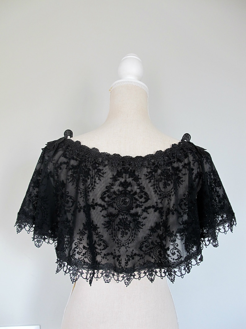 Black tulle capelet velvet print peacock lace feathers