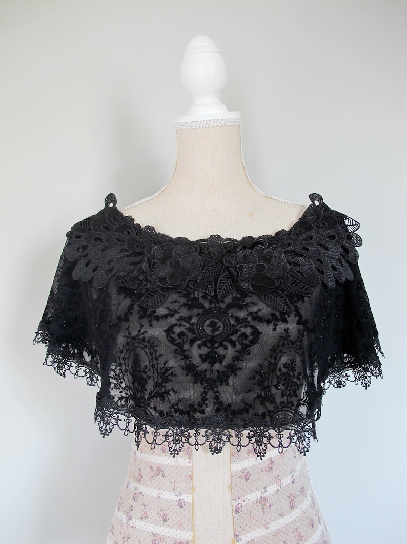 Black tulle capelet velvet print peacock lace feathers
