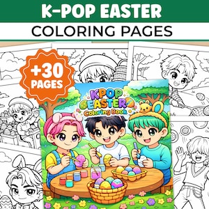 Op de afbeelding: K-Pop Paas kleurplaten met meer dan 30 pagina's. De omslag toont drie stripfiguren die paaseieren schilderen. Het boek is omgeven door zwart-wit lijntekeningen van andere K-Pop-personages. De tekst "K-Pop Easter Coloring Book" is zichtbaar.