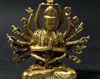 Vintage Brass Carved  Thousand-Hand Guanyin  Statue