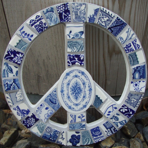 Old Meets New - Mosaic Peace Sign - Blue and White