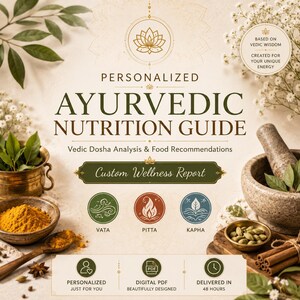 May include: A personalized Ayurvedic nutrition guide featuring the text "Personalized Ayurvedic Nutrition Guide," "Vedic Dosha Analysis & Food Recommendations," and "Custom Wellness Report." It includes icons for Vata, Pitta, and Kapha doshas.