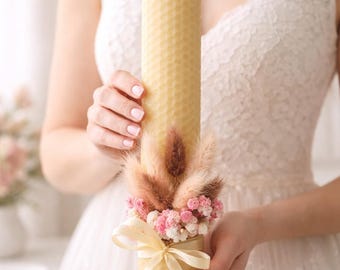 Juego de velas de cera de abeja para la ceremonia de la unidad en bodas: vela cilíndrica de 26 cm y vela cónica de 13 cm. Velas florales hechas a mano para ceremonias, regalo personalizado para despedida de soltera, decoración bohemia para bodas.
