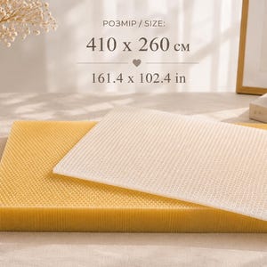 May include: Two rectangular beeswax foundation sheets with a hexagonal honeycomb pattern. One sheet is a deep golden yellow, and the other is a translucent off-white. The text reads SIZE: 410 x 260 cm and 161.4 x 102.4 in, indicating dimensions.