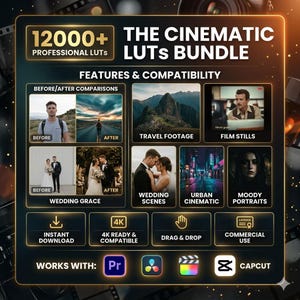 May include: A digital product advertisement for a cinematic LUTs bundle. The image features the text "12000+ Professional LUTs" and "The Cinematic LUTs Bundle." It showcases before/after comparisons, travel footage, film stills, wedding scenes, and urban cinematic examples. It also highlights features like instant download and 4K compatibility.