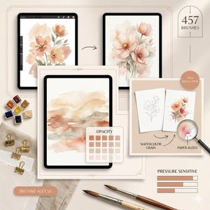 May include: Digital art supplies displayed on a table. The image shows a tablet with floral art, watercolor palettes, brushes, and the text "457 BRUSHES", "HIGH RESOLUTION", "WATERCOLOR GRAIN", "PAPER BLEED", "PRESSURE SENSITIVE", "INSTANT ACCESS", and "OPACITY".
