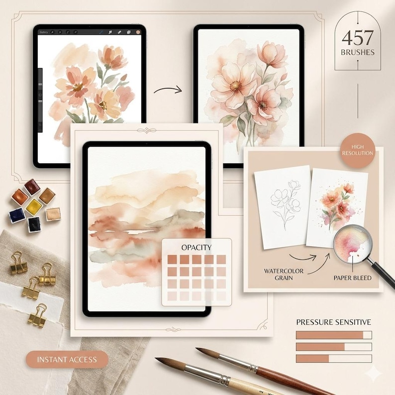 May include: Digital art supplies displayed on a table. The image shows a tablet with floral art, watercolor palettes, brushes, and the text "457 BRUSHES", "HIGH RESOLUTION", "WATERCOLOR GRAIN", "PAPER BLEED", "PRESSURE SENSITIVE", "INSTANT ACCESS", and "OPACITY".