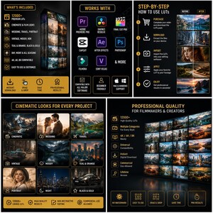 May include: A graphic promoting a digital product with the text "12000+ Premium LUTs." It showcases various categories like "Cinematic," "Wedding," and "Travel." Compatible with multiple software, including Adobe Premiere Pro and Final Cut Pro. Includes a step-by-step guide.