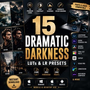 15 Dramatic Darkness LUTs & Presets | Moody Cinematic Photo Video Filters (Digital Download)