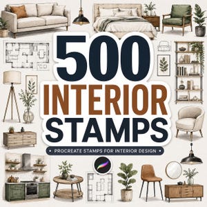 May include: An image showcasing interior design elements, including furniture, lamps, and architectural plans. The central text reads "500 INTERIOR STAMPS" with the tagline "Procreate Stamps for Interior Design." The image features a variety of design styles and objects.
