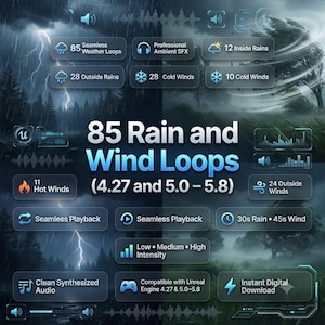 Pode incluir: Uma exibição de produto digital intitulada 85 Rain and Wind Loops (4.27 and 5.0 - 5.8) com gráficos de clima tempestuoso. Lista recursos de áudio, incluindo 85 loops climáticos, 28 chuvas externas, 12 chuvas internas, 28 ventos frios, 10 ventos frios, 11 ventos quentes e 24 ventos externos com efeitos sonoros ambientais.