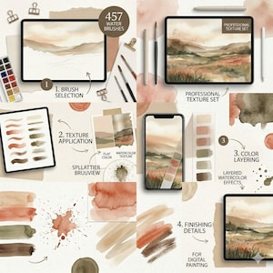 May include: A digital art product display with a tablet and phone showcasing watercolor landscape art. The image highlights brush selection, texture application, color layering, and finishing details. Text includes "457 Water Brushes" and "Professional Texture Set."