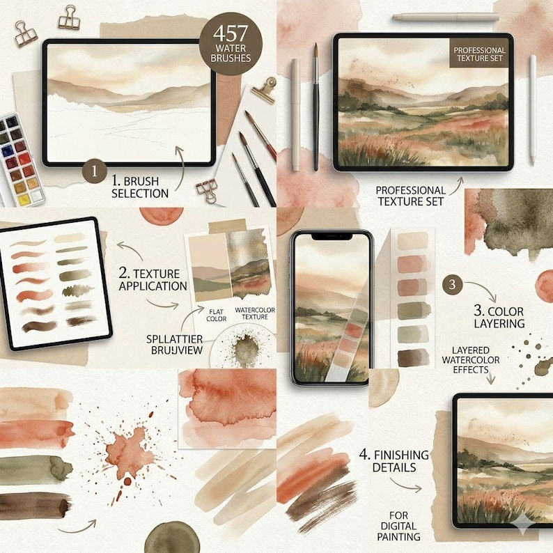 May include: A digital art product display with a tablet and phone showcasing watercolor landscape art. The image highlights brush selection, texture application, color layering, and finishing details. Text includes "457 Water Brushes" and "Professional Texture Set."