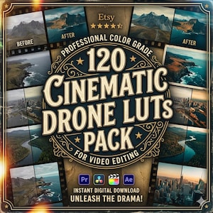 May include: A digital product advertisement for 120 Cinematic Drone LUTs. The image features a dark blue background with a central circular design. The text reads "120 Cinematic Drone LUTs Pack for Video Editing." The image includes before and after examples of color grading.