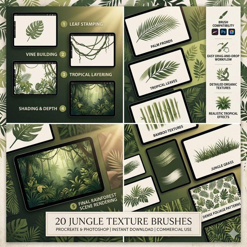 20 Jungle Procreate Brushes | Tropical Leaf Stamps, Foliage Digital Art ...