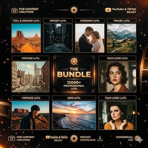May include: A promotional graphic for content creators, featuring a collection of LUTs (Look-Up Tables) for video editing. The image showcases various visual styles, including Teal & Orange, Moody, Wedding, Travel, Vintage, Film Look, and HDR. The central text reads "The Bundle" with "12000+ Professional LUTs".