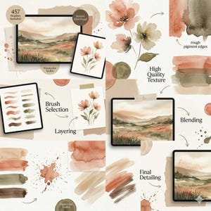 May include: An artistic digital watercolor toolkit with a landscape and floral theme. The image showcases digital tablets displaying watercolor paintings, brush selections, and color palettes. Text includes "457 Brushes Included" and "Instant Download".