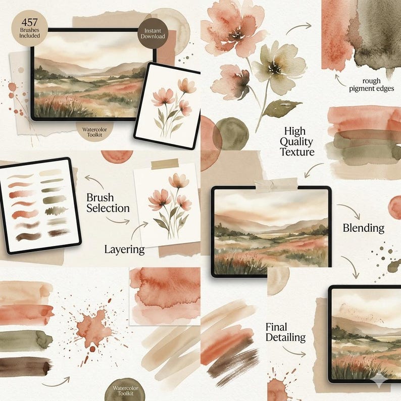 May include: An artistic digital watercolor toolkit with a landscape and floral theme. The image showcases digital tablets displaying watercolor paintings, brush selections, and color palettes. Text includes "457 Brushes Included" and "Instant Download".