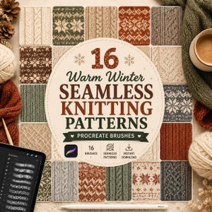 Puede incluir: Una colección digital de 16 pinceles Procreate de patrones de tejido sin costuras Warm Winter, con varios diseños de punto texturizado en tonos crema, marrón, verde y óxido, dispuestos en una cuadrícula con una etiqueta circular y una tableta.