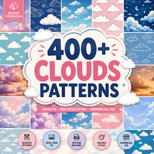 May include: A digital collection of 400+ cloud patterns featuring various sky designs in blue, pink, and purple hues. The central text reads 400+ CLOUDS PATTERNS, with smaller labels indicating seamless, high resolution, and commercial use features.