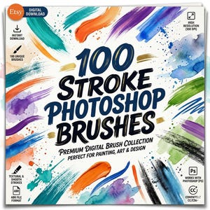100 handritade Photoshop-penslar | Texturerade konstnärliga penseldrag (digital nedladdning)