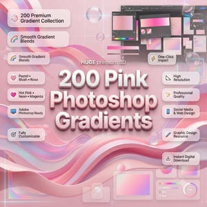 Op de afbeelding: Een digitale collectie van 200 roze Photoshop-verlopen met golvende, gelaagde roze en witte abstracte vormen. De afbeelding bevat tekstlabels zoals 200 Premium Gradient Collection, Smooth Gradient Blends en One-Click Import, naast interface-voorbeelden en iconen voor hoge resolutie, professionele kwaliteit en webdesign.