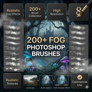 Könnte beinhalten: Digitales Photoshop-Pinsel-Set mit über 200 Nebel-Effekten. Das Bild zeigt eine Fantasy-Waldszene mit leuchtenden Pilzen und einem Schloss. Text enthält "Realistische Nebel-Effekte", "Hohe Auflösung" und "Kommerzielle Nutzung".