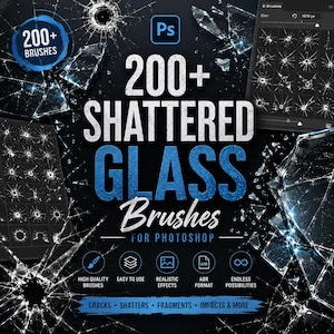 May include: A digital collection of 200+ shattered glass brushes for Photoshop, featuring various crack and impact patterns. The graphic displays the text 200+ SHATTERED GLASS Brushes FOR PHOTOSHOP, along with icons for high quality, ease of use, and ABR format.