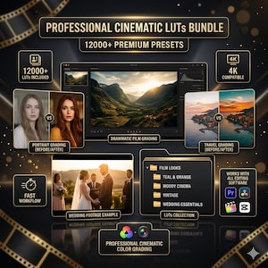 May include: A promotional graphic for a professional cinematic LUTs bundle. The image features text that reads "Professional Cinematic LUTs Bundle" and "12000+ Premium Presets." It includes examples of portrait, travel, and wedding footage grading, along with software compatibility icons.
